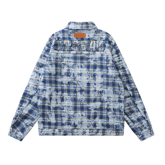 Men Jacket Coat Tie-Dyed Distressed Plaid Shirt Jacket Men's Loose Autumn Long Sleeve Zipper and Lapel Shirt Coat