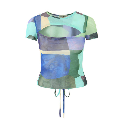 Women Tops Summer High Elastic Mesh Printed Lace-up T-shirt Sexy Top