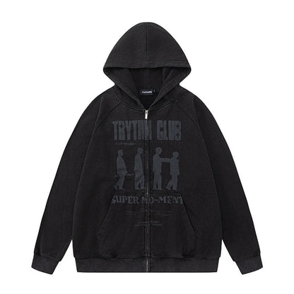 Men Hoodie Hip Hop Retro Autumn Winter Couple Zip Jacket
