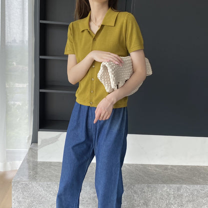 Women Knitted T-shirt Knitted Cardigan Jacket Slim Fit Short Sleeve Polo Collar Top