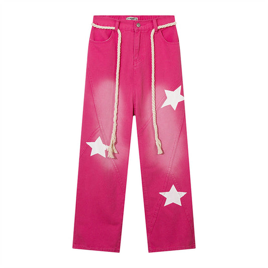Women Pants Pink Jeans Tie-Dye XINGX Printed Straight-Leg Pants