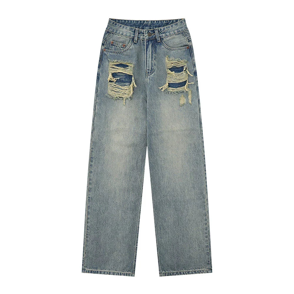 Women Pants Make Old Ripped Jeans Loose Straight Wide Leg Pants