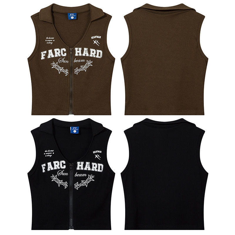 Women Vest Vintage Printing Lapel Zipper Short Vest