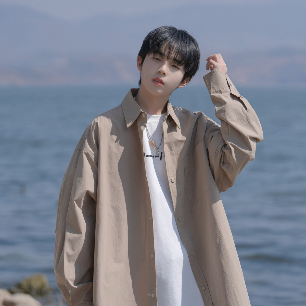 Men Shirts Solid Color Loose Long Sleeves Coat