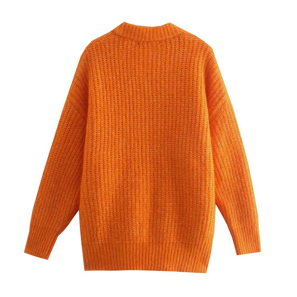 Women Sweater Knitwear Winter Pocket Decoration Thick Mid-Length Knitted Cardigan Jacket