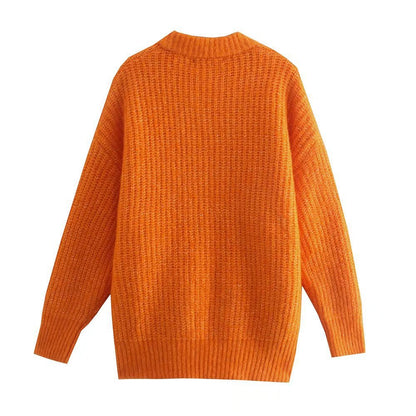 Women Sweater Knitwear Winter Pocket Decoration Thick Mid-Length Knitted Cardigan Jacket