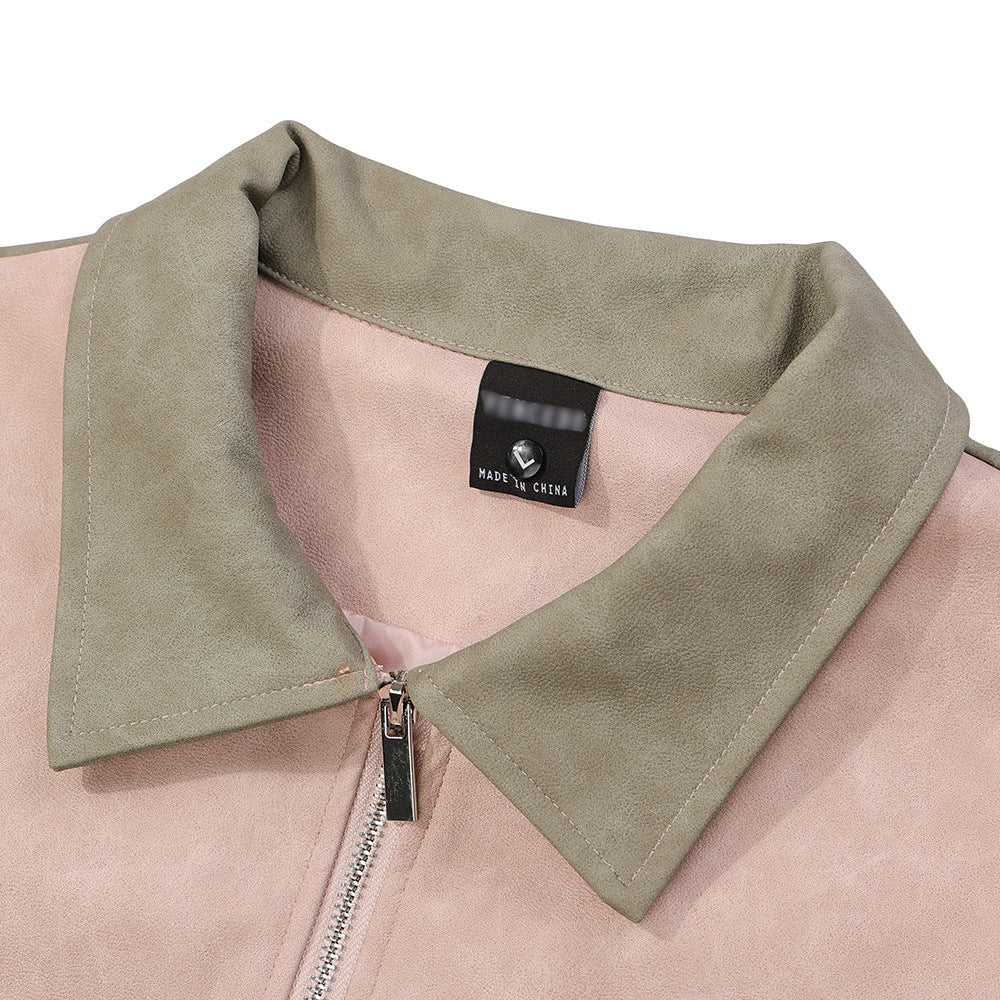 Men Jacket Coat Loose Leather Coat Coat Men's Color Contrast Patchwork Embroidered Letter Lapel PU Leather Jacket