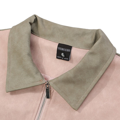Men Jacket Coat Loose Leather Coat Coat Men's Color Contrast Patchwork Embroidered Letter Lapel PU Leather Jacket