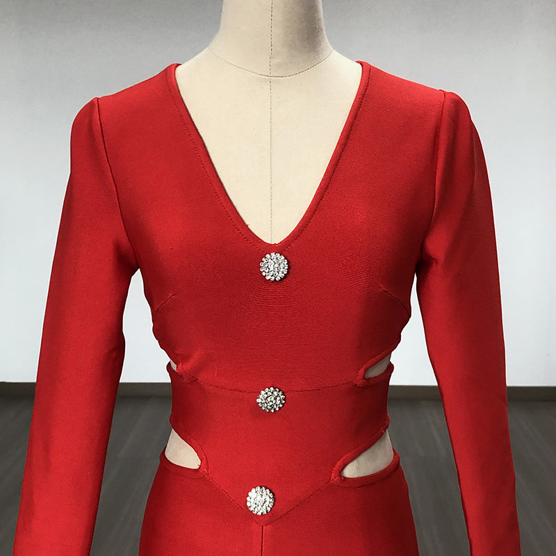Women Evening Dress V-neck Bandage Dress Long Sleeve Simple Hollow Dress