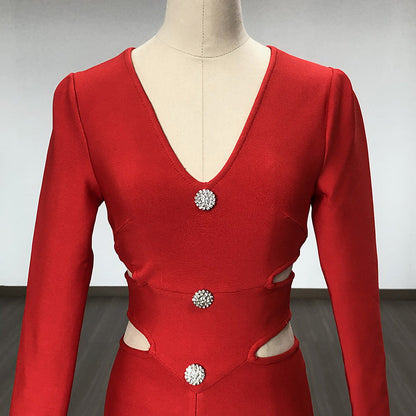 Women Evening Dress V-neck Bandage Dress Long Sleeve Simple Hollow Dress