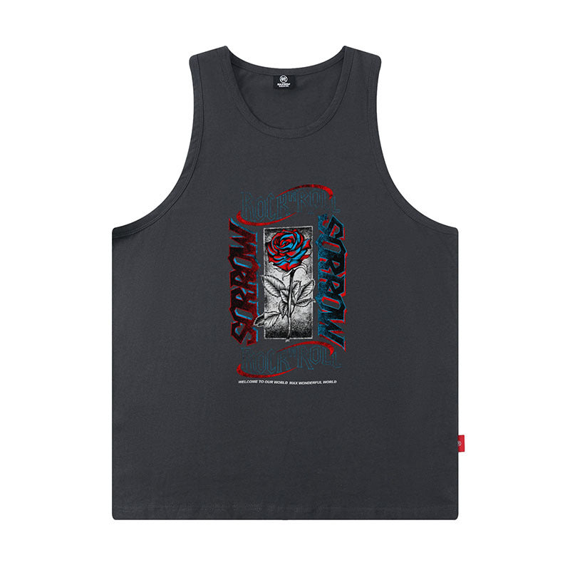 Men Vest Flame Rose Print Sleeveless T-shirt Men Oversize Hip Hop Retro Tank-Top Summer