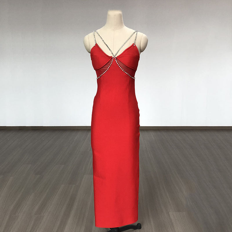 Women Evening Dress Crystal Drill Chain Straps Tulle Backless Evening Gown