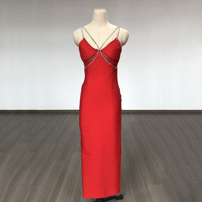 Women Evening Dress Crystal Drill Chain Straps Tulle Backless Evening Gown