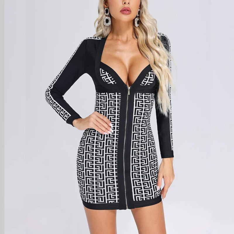 Women's Evening Dress Bandage Dress V-neck Zipper Dress