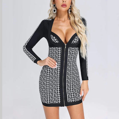 Women's Evening Dress Bandage Dress V-neck Zipper Dress