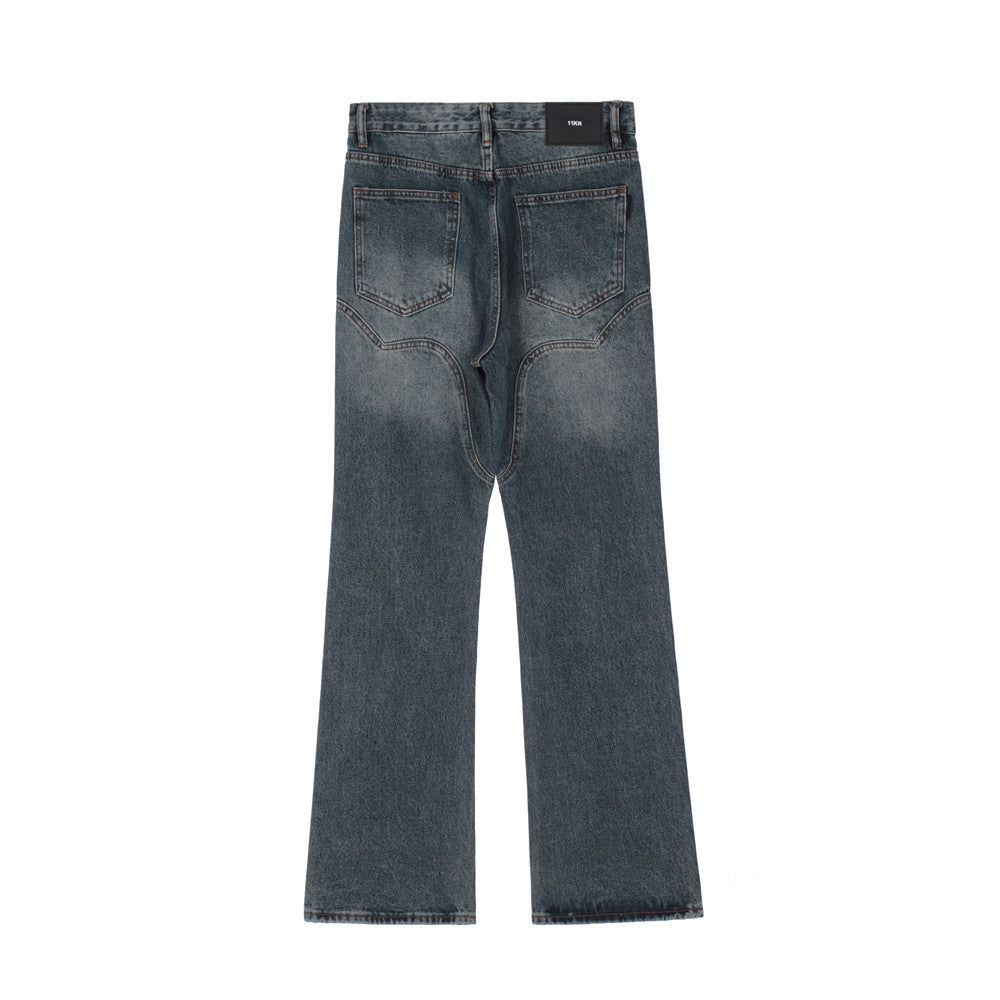 Men Jeans Solid Color Stitching Personality Slightly Flared Loose White