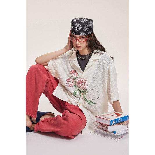 Unisex Shirt Loose Vacation Rose Embroidered Coat