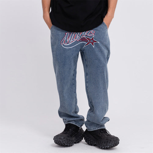 Men Jeans Embroidery Pants Loose Wide Leg Leisure