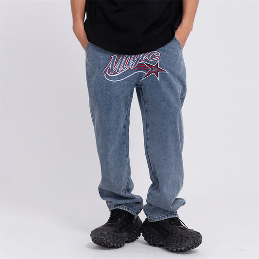 Men Jeans Embroidery Pants Loose Wide Leg Leisure
