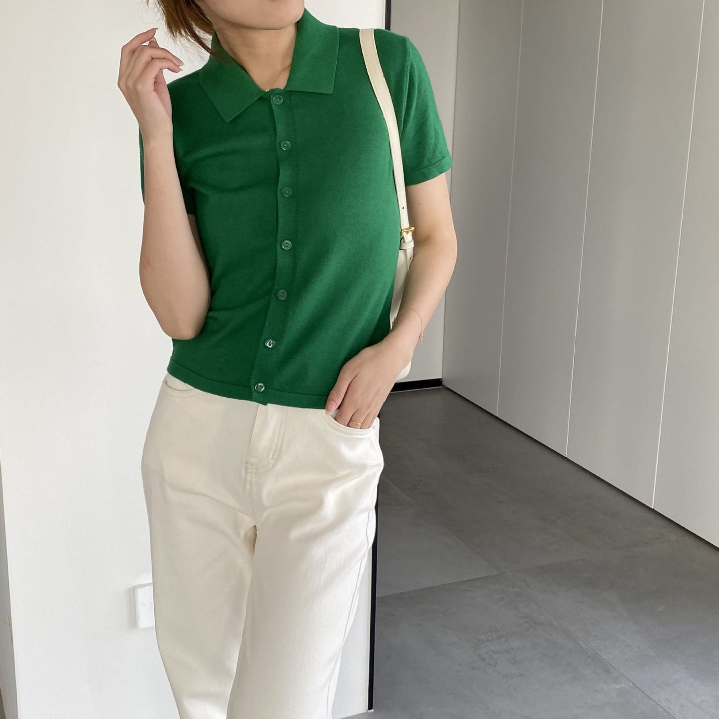 Women Knitted T-shirt Knitted Cardigan Jacket Slim Fit Short Sleeve Polo Collar Top