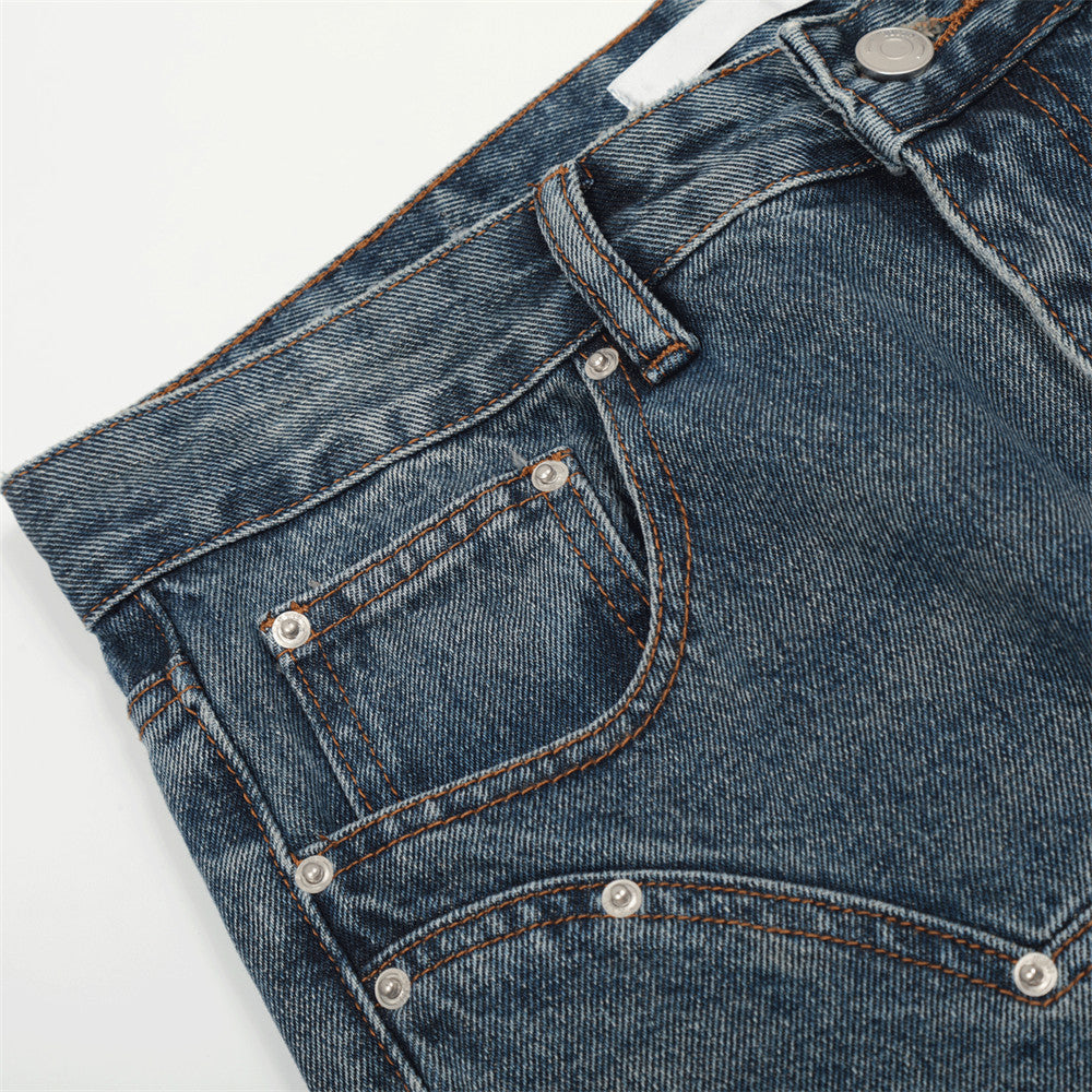 Men Jeans Solid Color Stitching Personality Slightly Flared Loose White