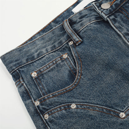 Men Jeans Solid Color Stitching Personality Slightly Flared Loose White