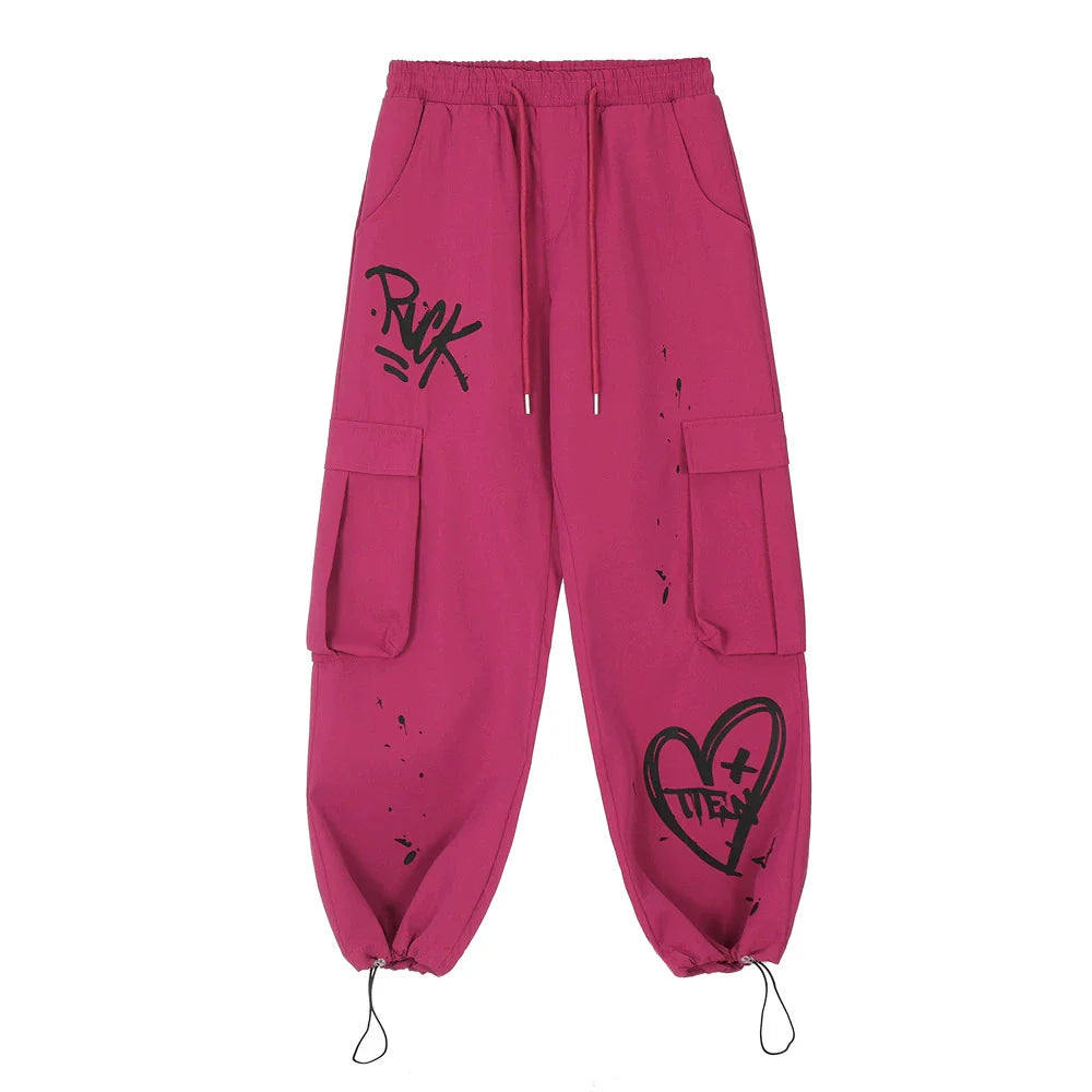 Men Sweatpants Casual Pants Men's Loose Love Splashed Ink Printing Sports Drawstring