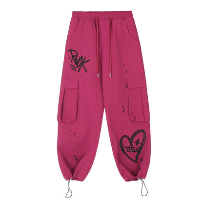 Men Sweatpants Casual Pants Men's Loose Love Splashed Ink Printing Sports Drawstring