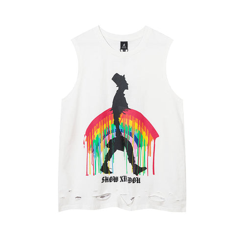 Men Vest Hip Hop Retro Graffiti Distressed Oversize Vest
