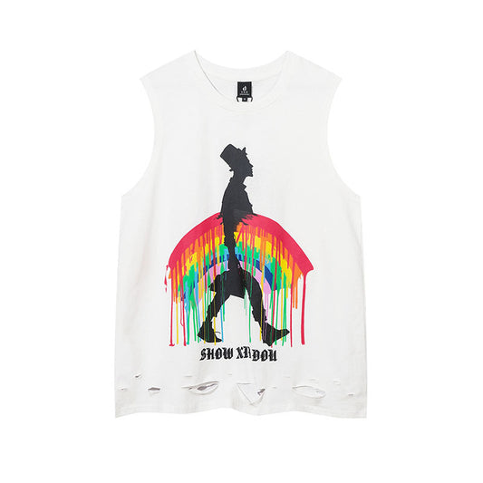 Men Vest Hip Hop Retro Graffiti Distressed Oversize Vest