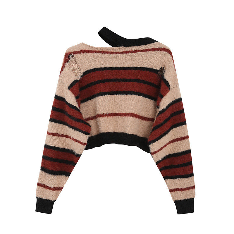 Women Sweater Vintage Stripe Ripped Knitted Sweater