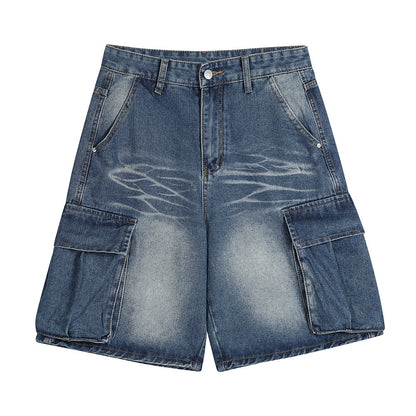 Men Shorts Workwear Denim Multi-Pocket Wash White