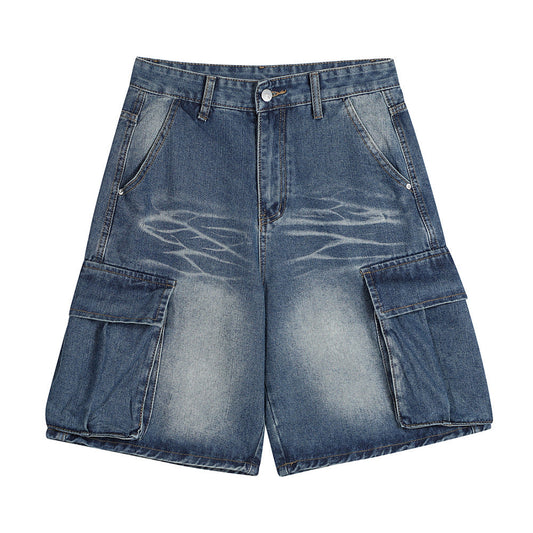 Men Shorts Workwear Denim Multi-Pocket Wash White