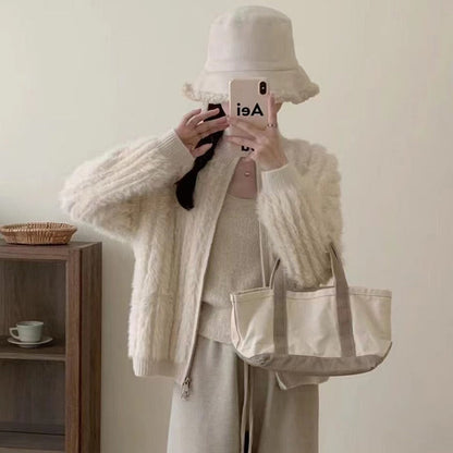 Women Knitted Cardigan Imitated Mink Plush Coat Jacket Loose Knitted Cardigan