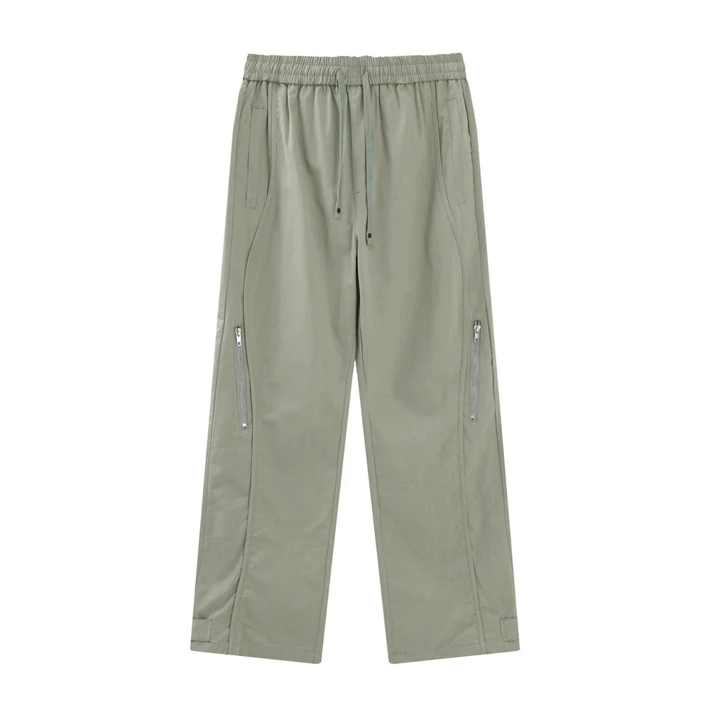 Men Sweatpants Zipper Casual Pants Men's Summer Loose Pure Cotton Straight Wide Leg Pants