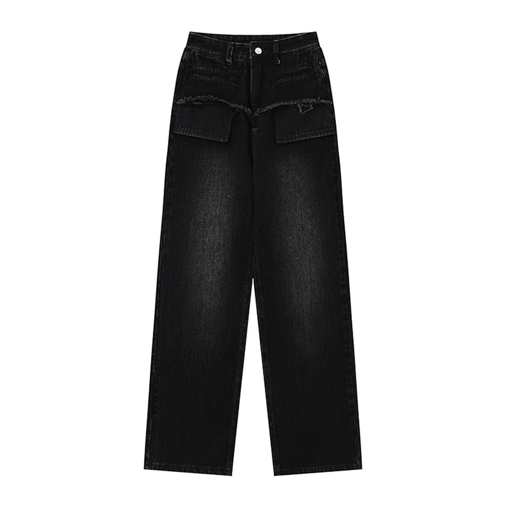 Women Pants Pocket Straight Jeans Loose High Waist Wide Leg Pants Casual Washed Trousers