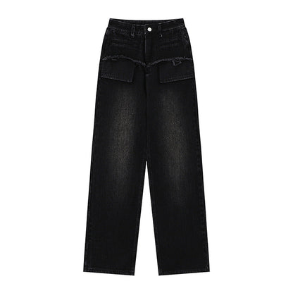 Women Pants Pocket Straight Jeans Loose High Waist Wide Leg Pants Casual Washed Trousers