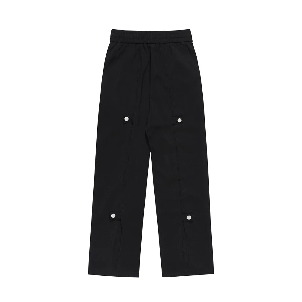 Men Sweatpants Fastener Decoration Straight Casual Pants Men's Loose Drawstring Elastic Waist Wide Leg Pants
