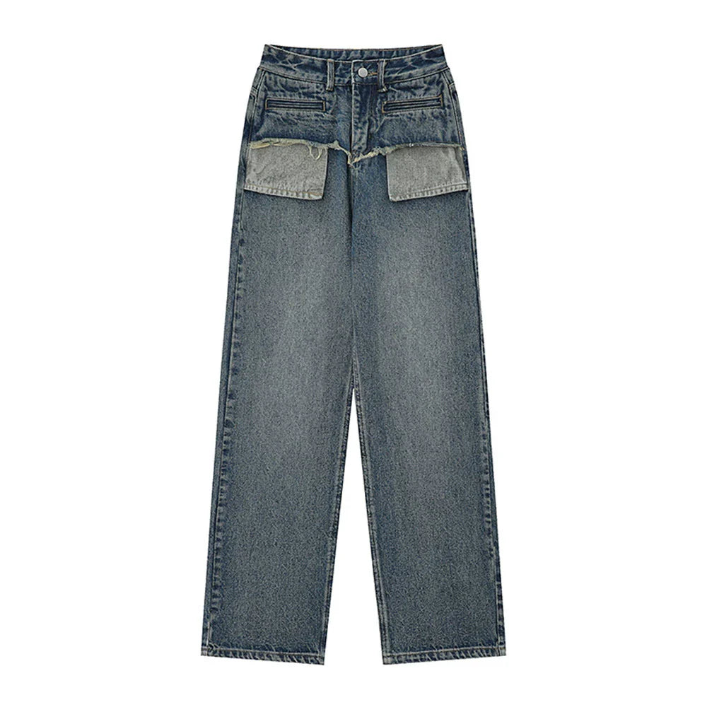 Women Pants Pocket Straight Jeans Loose High Waist Wide Leg Pants Casual Washed Trousers