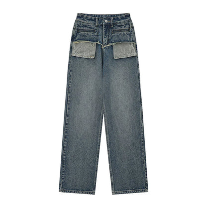 Women Pants Pocket Straight Jeans Loose High Waist Wide Leg Pants Casual Washed Trousers