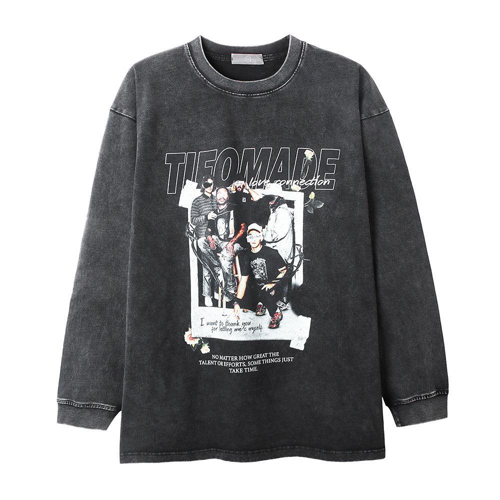 Men Long Sleeve T-Shirt Character Print Distressed Men's Loose Undershirt Top
