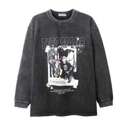 Men Long Sleeve T-Shirt Character Print Distressed Men's Loose Undershirt Top