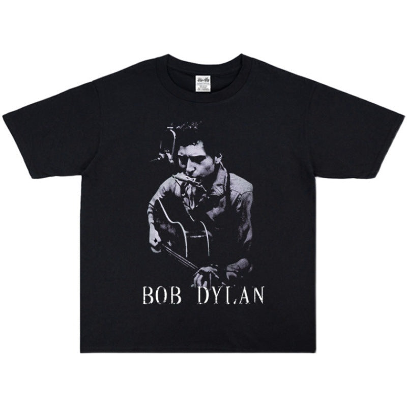 Rock Star T Shirt Bob Dylan Washed Distressed T-shirt Loose Men and Women Casual Short Sleeve Cotton