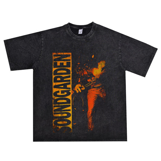 Rock Star T Shirt Soundgarden Band Washed Distressed T-shirt Short Sleeve Loose Cotton Men and Women