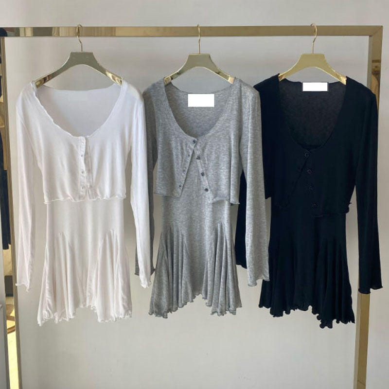 Women Dresses U-Neck Sling Pleated Dress Cardigan Button Long Sleeve Jacket Two-Piece Short Skirt