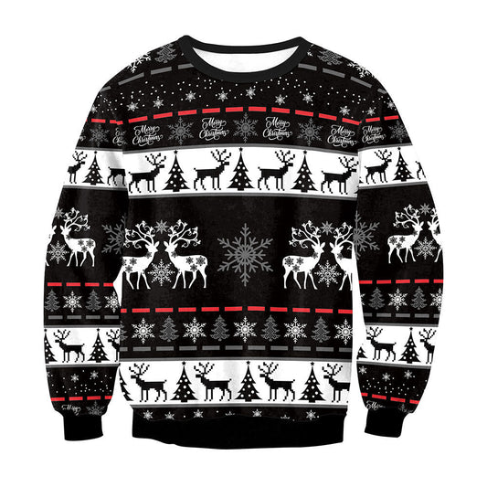 Ugly Christmas Sweater Animal Deer Digital Printed round Neck Long Sleeve T-shirt Couples Sweater