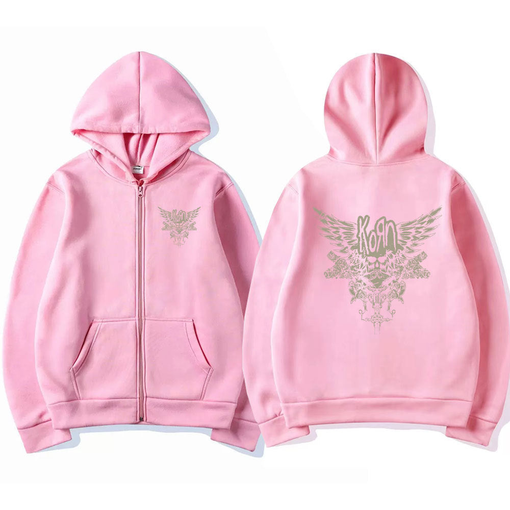 Korn Skull Wings Girls Juniors Black Graphic Zipper Hoodie
