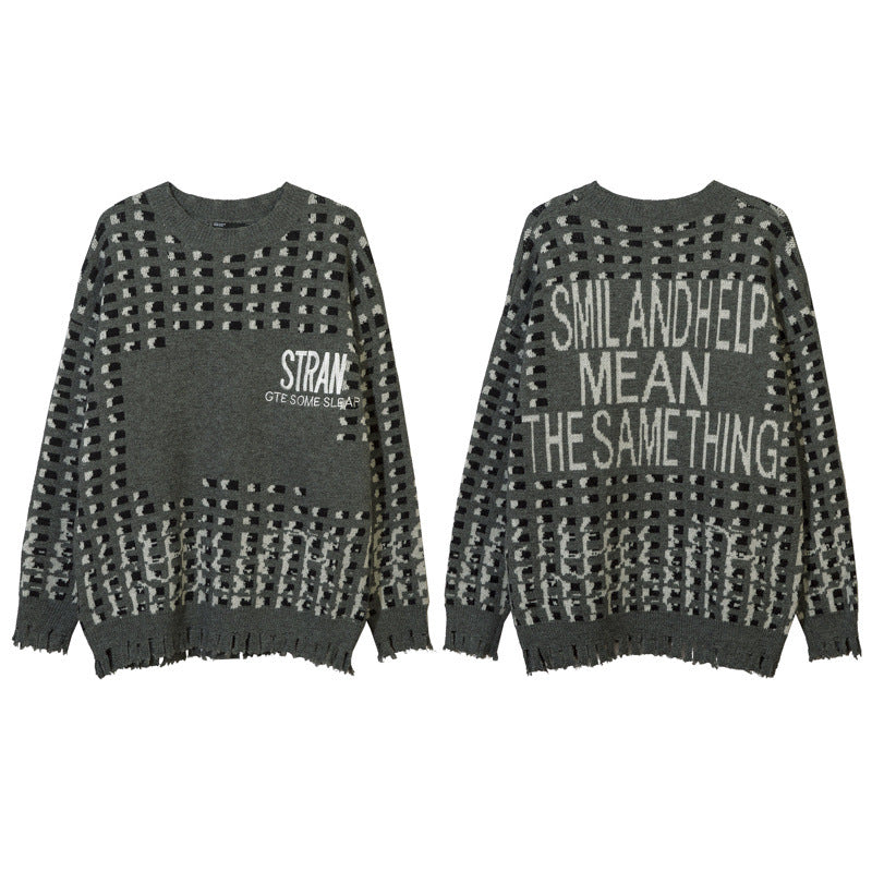 Women Sweater Contrasting Color Jacquard Special-Interest Design Loose Hole