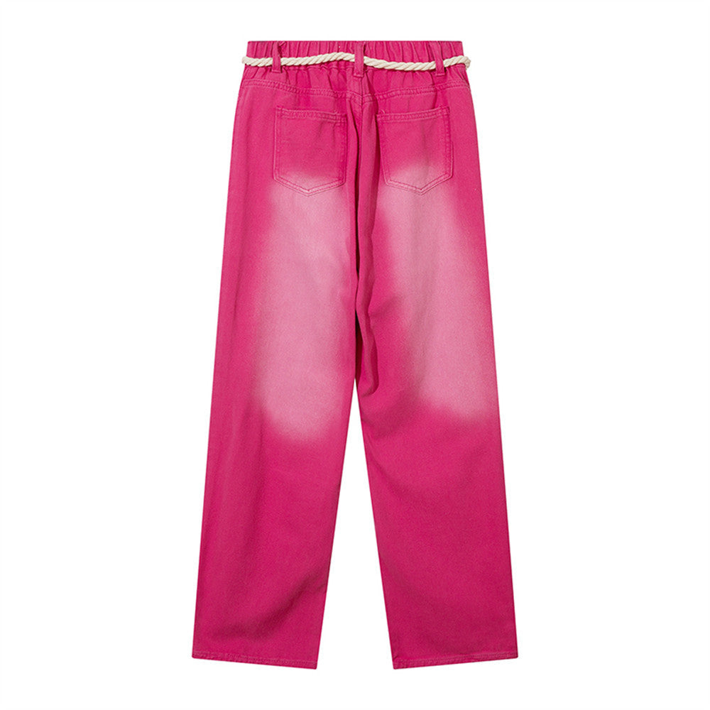 Women Pants Pink Jeans Tie-Dye XINGX Printed Straight-Leg Pants