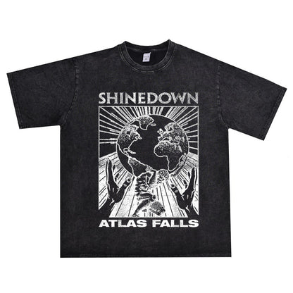 Rock Star T Shirt Falling Band Printed T-shirt Washed Distressed Short Sleeve Loose Cotton Men and Women